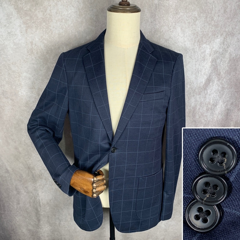 Uniqlo Blazer Jacket Men Medium Navy Windowpane Unstructured Sport Coat Stretch